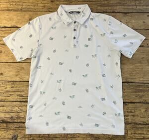Travis Matthew Mens Size M White Beach Theme Print Short Sleeve Polo Shirt